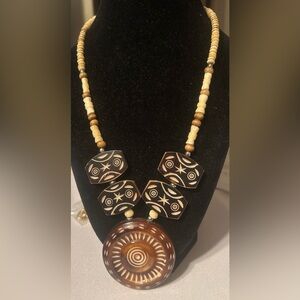 Bohemian Dyed Bone and Wood Beaded Necklace with Tribal Patterns
